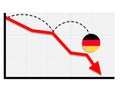 Germany flag with red arrow graph going down showing economy recession and shares fall. Royalty Free Stock Photo